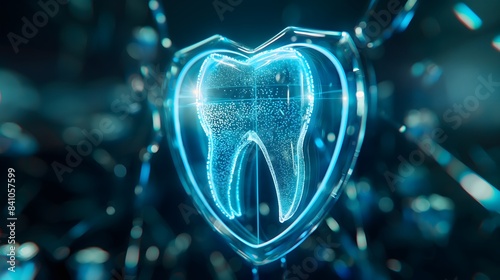 1. Generate a holographic image depicting a shield enveloping a set of teeth, symbolizing protection against dental damage and decay.