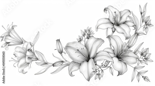 A detailed pencil drawing of a delicate floral arrangement featuring lilies and jasmine flowers, copy space, wallpaper, card
