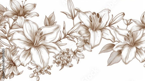 An elegant image of lilies and jasmine drawn in a detailed outline style, wallpaper, card