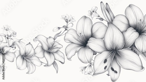 A detailed pencil drawing of lilies and jasmine flowers in a delicate outline, copy space, wallpaper, card