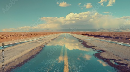 A mirage on a hot desert highway, with the sky seemingly touching the ground, creating a pool of water that isn't there.