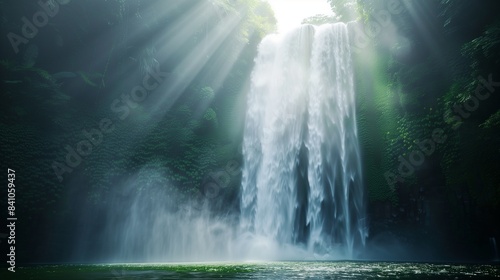 A waterfall cascading into a misty pool, with the spray creating a prismatic effect that seems to merge the water with the sky.