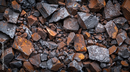 Detailed heap of steel slags and iron lumps, showing the intricate textures and raw, industrial nature of metallurgical recycling materials
