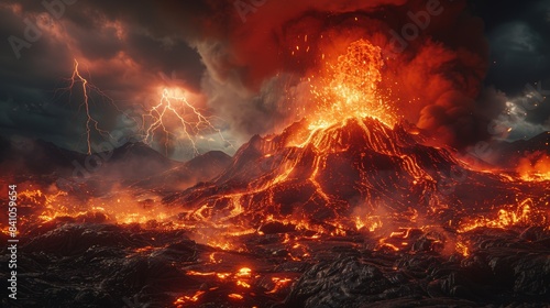 Dramatic volcanic eruption with lava flow, fire, and lightning creating a breathtaking and powerful natural phenomenon.