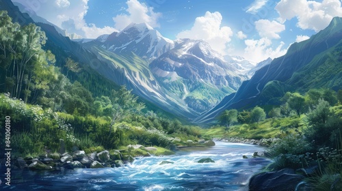 Mountains of green with a backdrop of a blue sky and flowing river