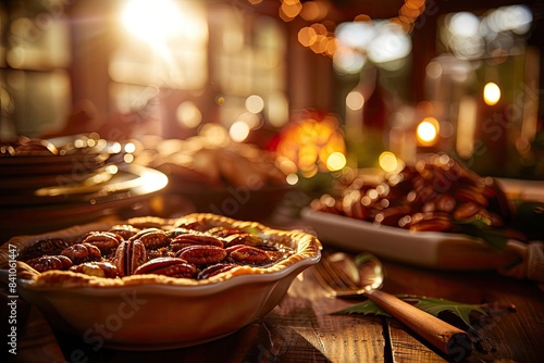 Warm autumn pie with pecans on a rustic table setting, illuminated by cozy candlelight. Perfect for festive gatherings and seasonal celebrations.