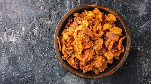 Top view of pulled pork-flavored maize snacks in a rustic bowl, isolated on a bright background, with studio lighting highlighting the snack's texture and color