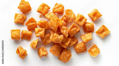 Top view of pulled pork-flavored maize snacks in a rustic bowl, isolated on a bright background, with studio lighting highlighting the snack's texture and color