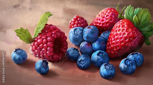 Create an image in the fashionable procreate style flat, raspberries, strawberries, blueberries. copy space for text.