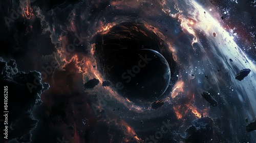 A realistic photo of a black hole with its event horizon and surrounding stars, dark and mysterious, highly detailed