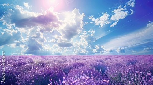 lavender flower field, blue sky and white clouds, blooming with a lot of lavender, lavender flower sea, flower sea is very beautiful. copy space for text.