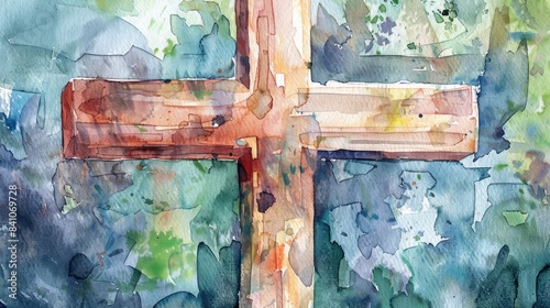 Close up watercolor painting of the cross symbolizing religion