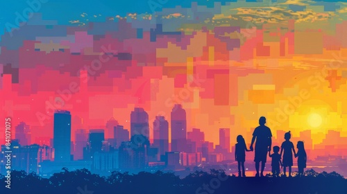 A family silhouette with a cityscape background highlighting urban living and family dynamics within the global population