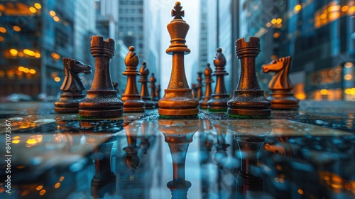 Chess pieces on a reflective surface set against a blurred urban cityscape backdrop, symbolizing strategy and competition in a modern context.