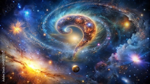 Cosmic question mark hovers amidst swirling galaxies and stars, radiating an aura of mystery, symbolizing humanity's eternal quest for understanding the universe.
