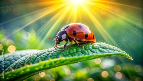 Vibrant ladybug perched on a lush green leaf, surrounded by soft, blurred natural background, showcasing serene and peaceful atmosphere of the outdoors.