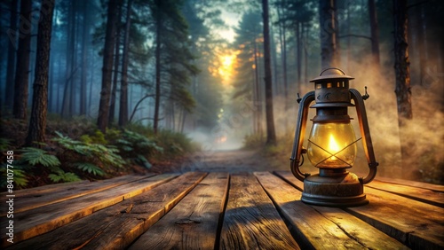 A rustic, old-fashioned oil lamp casts a warm, golden light on the weathered wooden floorboards, surrounded by darkness and misty forest atmosphere at nighttime.