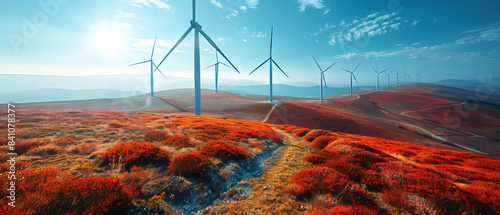 Wind Turbines on a Hilltop With Red Autumn Foliage