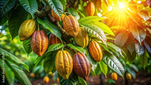 Luscious ripe cocoa beans pods glisten on a vibrant green tree, illuminated by a warm, soft, golden light, creating a serene and idyllic atmosphere.