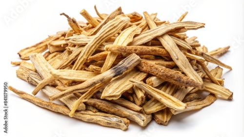 Isolated dried astragalus roots scattered on a transparent background, featuring varying shapes and sizes, with subtle texture and earthy tones, evoking natural and herbal associations.