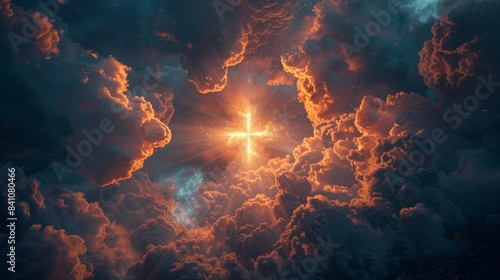 Dramatic sky with a glowing cross formed by clouds at sunset, symbolizing hope and spirituality. Perfect for religious and inspirational themes.