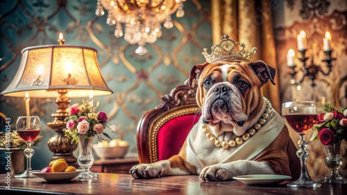 Regal bulldog sits at ornate table, sipping wine from elegant glass, surrounded by lavish decorations, exuding sophistication and celebration in a whimsical scene.