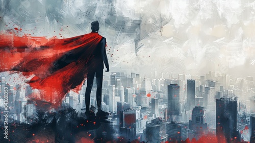 A silhouetted hero in a red cape stands over a futuristic cityscape, exuding strength and mystery on an abstract background.