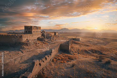 A Canon EOS photo of a photorealistic Central Asian medieval walled city at sunrise. The wide desert steppes surround the ancient city, bathed in morning light. Enhanced by AI generative technology.