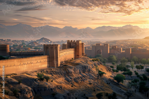 Photorealistic Canon EOS image capturing a Central Asian medieval walled city at sunrise, set in expansive dry desert steppes. The ancient architecture is vividly detailed AI generative techniques.