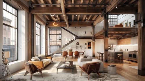 A spacious loft blends raw timber beams with sleek, modern furnishings, fusing rustic charm and elegance.