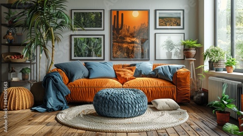 Warm and inviting living room with a burnt orange couch, blue and white patterned pillows, and a blue crocheted ottoman