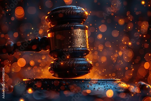 A dramatic close-up of a gavel with glowing bokeh lights symbolizing justice, law, and legal processes in a courtroom setting.