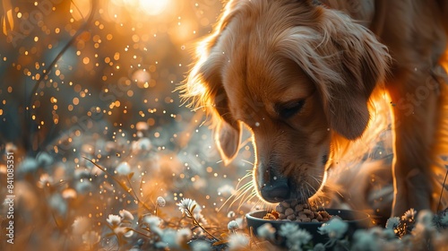 Golden retriever dog eating food in a beautiful outdoor setting with glowing sunlight and flowers around, capturing a magical and serene moment.