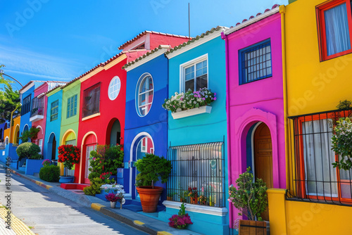A row of colorful houses on a sunny day
