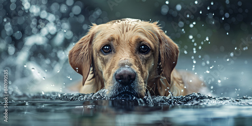  A golden retriever in a pond The dog is swimming with its head above water.