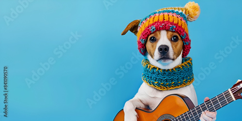  a dog dressed in a colorful hat and orange sweater, playing a guitar.