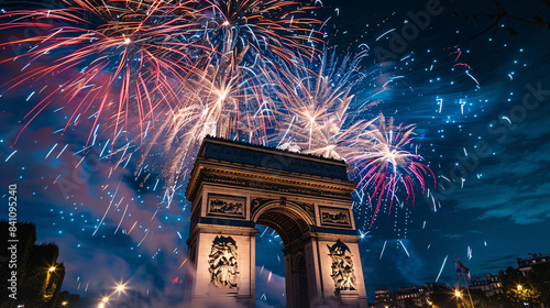 Nighttime view of a city street filled celebrating Bastille Day, illuminated by festive lights and fireworks