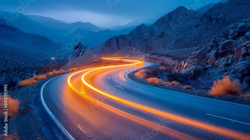 Night Mountain Drive on Winding Road with Illuminated Streetlights and Serene View in Long Exposure Time Lapse