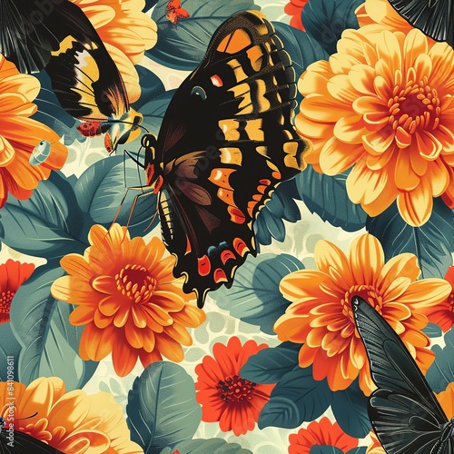 Artistic depiction of a butterfly sipping nectar from a colorful blossom, its proboscis extended. Minimal pattern banner wallpaper, simple background, Seamless,