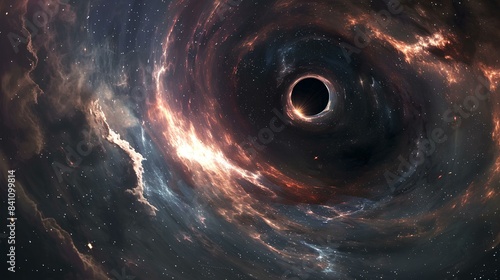 A breathtaking 3D rendering of a black hole surrounded by swirling strange light and aura, with distant constellations visible through the cosmic scene.