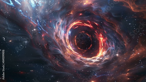 A breathtaking 3D rendering of a black hole surrounded by swirling strange light and aura, with distant constellations visible through the cosmic scene.