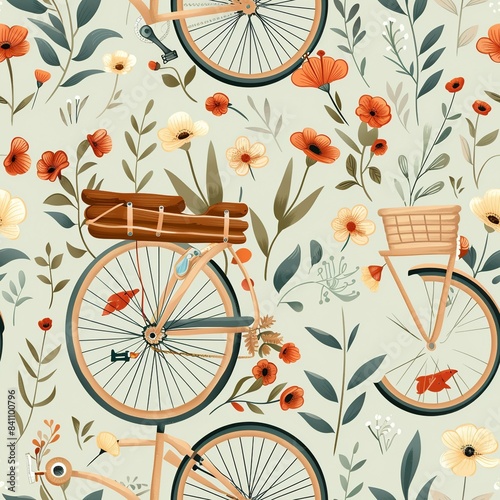 A nostalgic illustration of a vintage bicycle with a basket filled with toys, evoking memories of carefree childhood adventures. Minimal pattern banner wallpaper, simple background, Seamless,