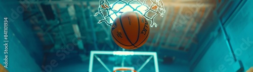 A focused shot of the basketball hoop with the net in motion