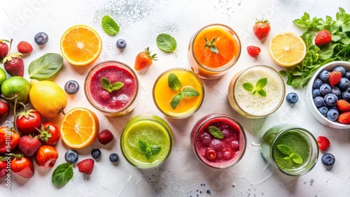 Fresh and beautiful fruits decorated top view of cool drinks set including smoothie, juice