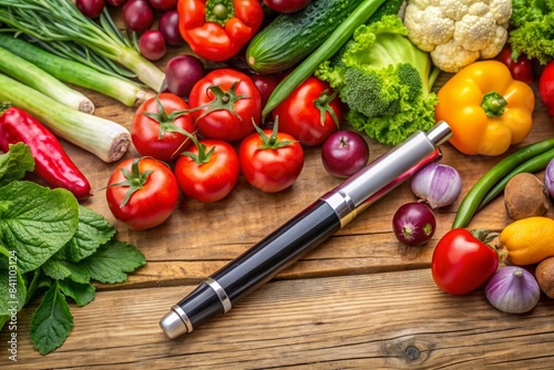 Original Danish Ozempic insulin injection pen for diabetics next to a colorful assortment of fresh vegetables