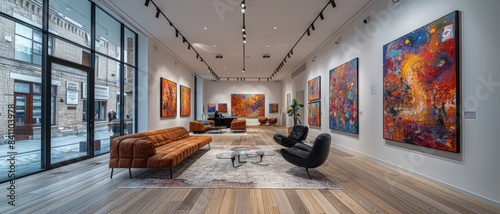 Modern Art Gallery Interior with Colorful Abstract Paintings, Contemporary Furniture, and Large Windows Overlooking Urban Street