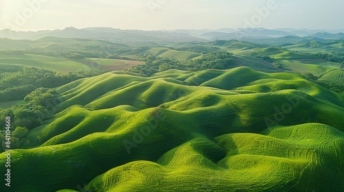 Aerial shot of picturesque green hills, featuring gentle slopes and rich greenery, creating a peaceful and idyllic landscape. AI Generative.