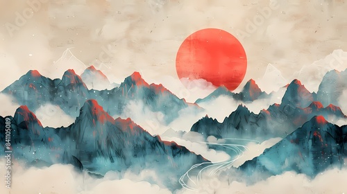Traditional red sky and green mountain scenery illustration poster background