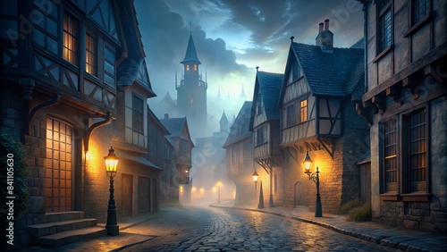 Spooky medieval street shrouded in fog at dusk , medieval, street, sinister, atmosphere, fog, dusk, creepy