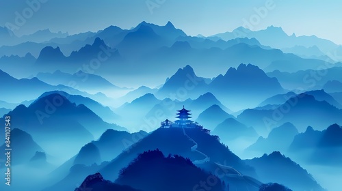 blue national style celadon traditional architecture landscape illustration poster background